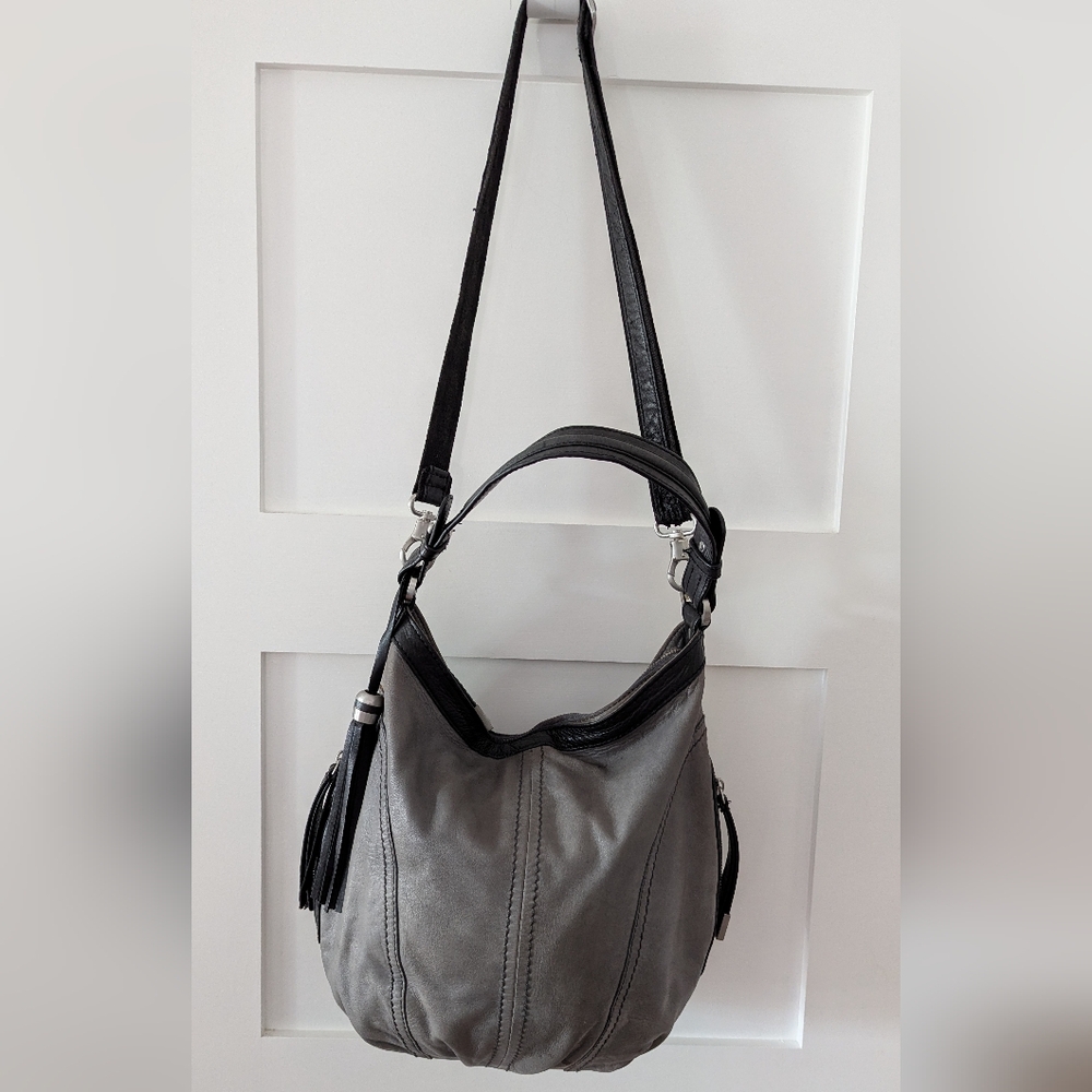 Danier Genuine Leather Gray and Black Shoulder Bag with Slouchy Hobo Silhouette